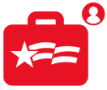 Icon is red briefcase with First Freedom stars and stripes logo on it with a person icon to the side and used for decorative purposes. 