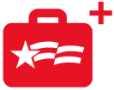 Icon is a red briefcase with First Freedom stars and stripes logo on it and a plus icon next to it and used for decorative purposes. 